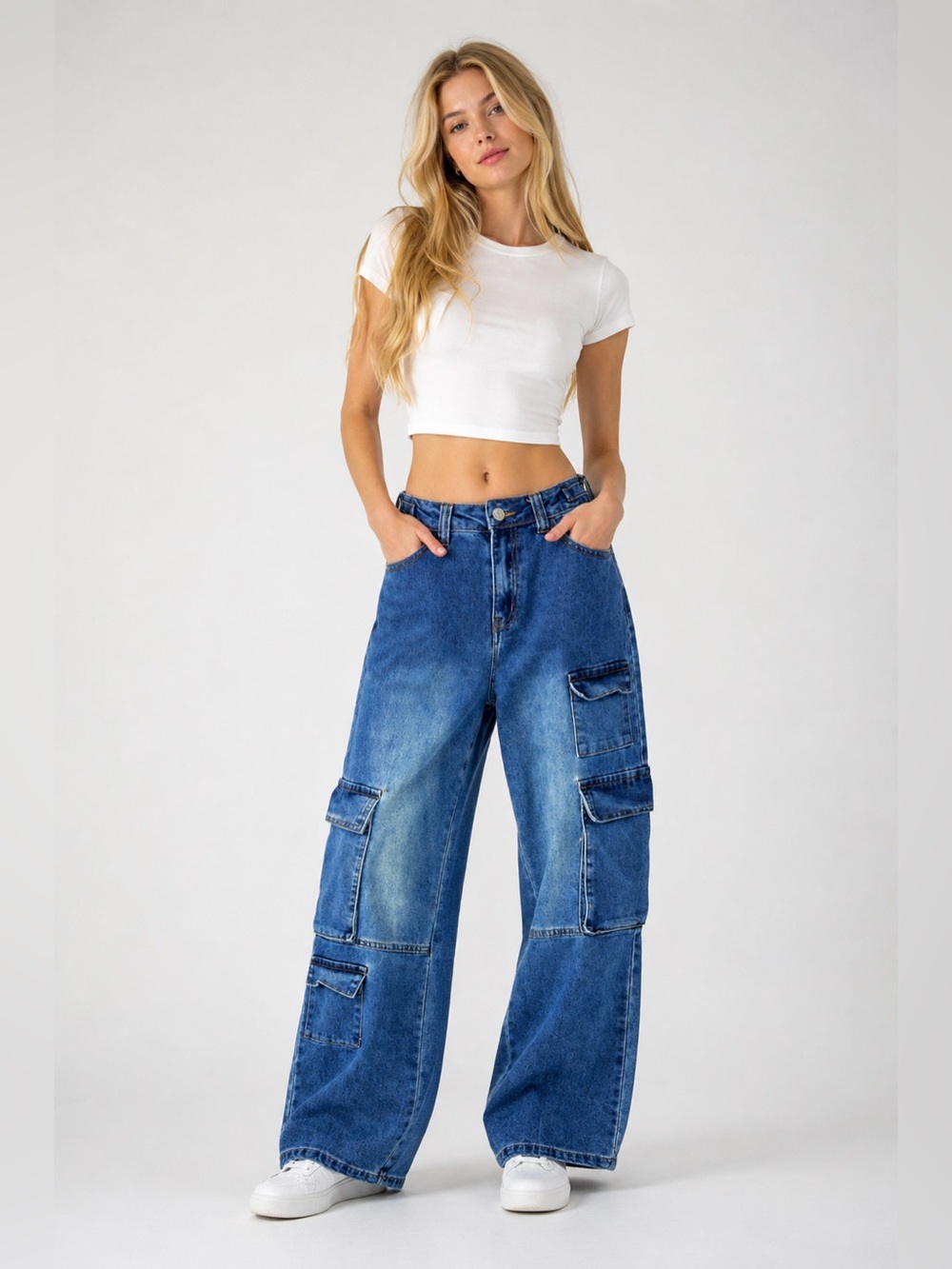 Love Cult Wide Leg Cargo Jeans Women’s Size Small 28” x 28.5” Blue Baggy Pants